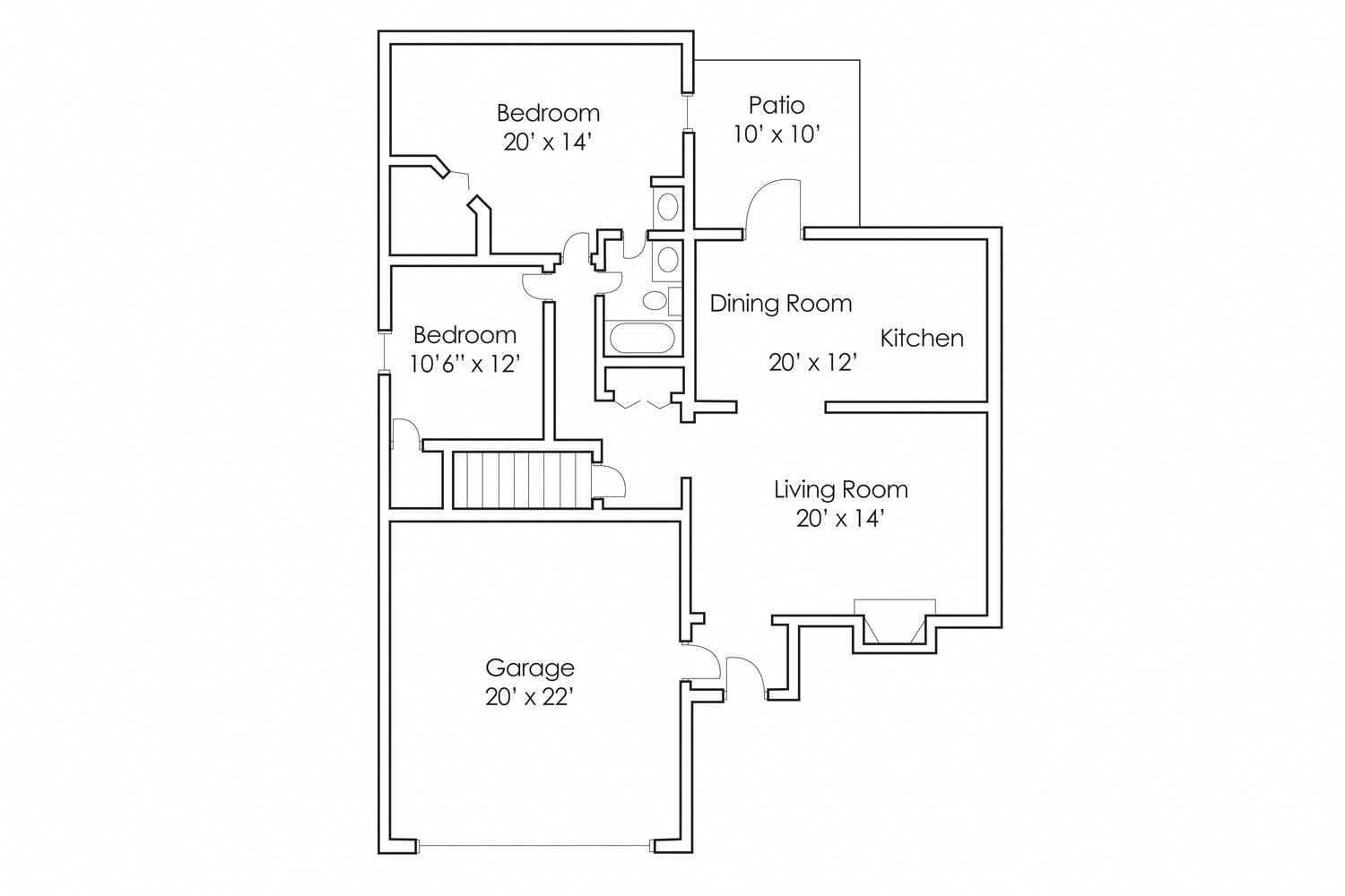 Floor plan for 2 beds, 1 bath, 1200 sqft